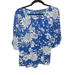 West Kei Sheer Top Tie In Front/Back Cuffed Sleeve Blouse Blue Floral Women’s M